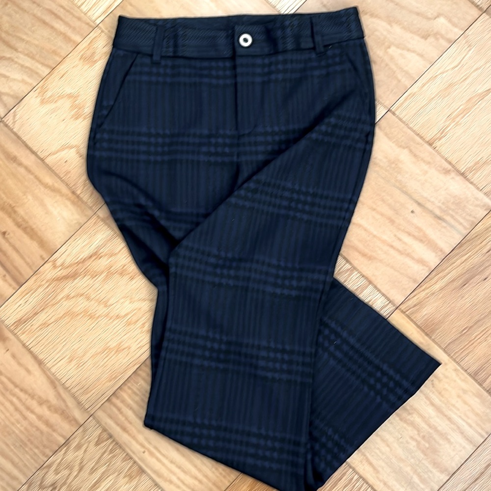 Cabi trouser in black with royal blue pattern.